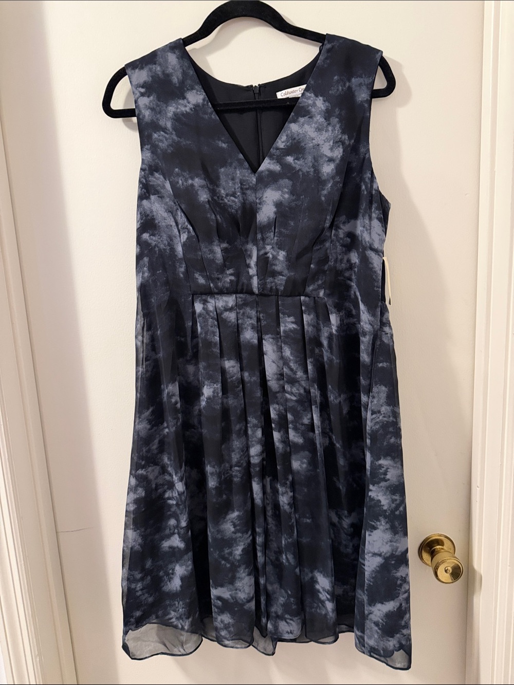NWTColdwater Creek Sz 14 Cloud Print Chiffon Dress Black Gray Sleeveless Pleated